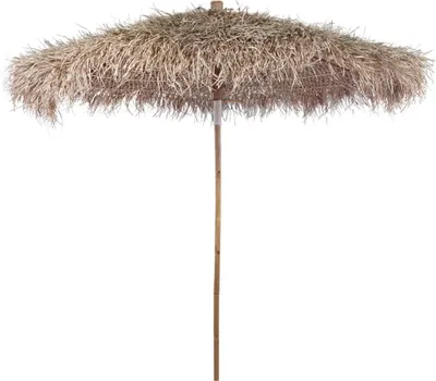 A straw umbrella on a white background.