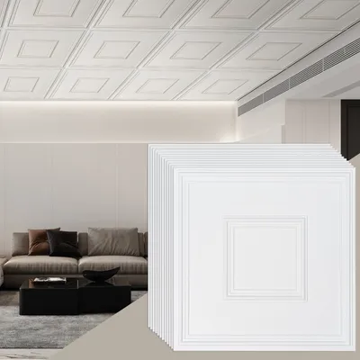Immagine prodotto di Pannelli da soffitto VEVOR, confezione da 12 pezzi da 24 x 24 pollici, pannelli da soffitto sospesi in fogli di PVC di alta qualità, facili da installare/tagliare, pannelli da soffitto in plastica da incollare, rivestimento del soffitto per la decorazione di casa/ufficio, bianco geometrico