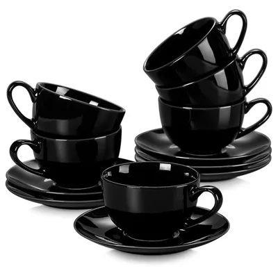 Kaffeeservice 12-teilig, Porzellan, Cappuccinotassen 230 ml, schwarz