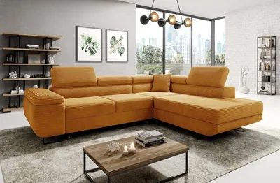 Produktbild von Easy4You Ecksofa Senf Astorp Kord L-Form – 277 cm - Schlafsofa mit Bettkasten und Schlaffunktion - Eckcouch mit Stauraum und Metallfüße – Links – Stoff Kord Poso 01