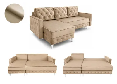Produktbild von Ares Meble Ecksofa LUX-L - Schlaffunktion, Bettkasten, 227x144 cm, Beige, weiße Holzbeine