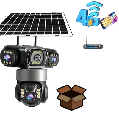 Image de Caméra de surveillance extérieure, triple objectif, audio bidirectionnel, caméra 4G sans carte SIM