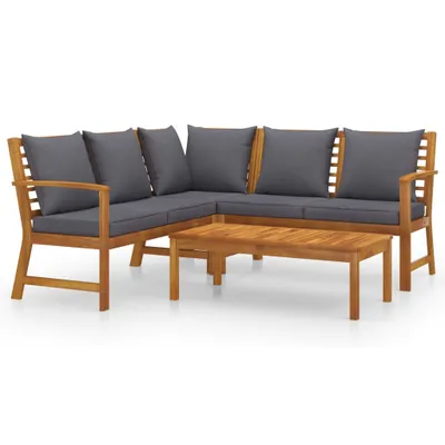 A wooden garden lounge set with gray cushions and a coffee table, presented on a white background.