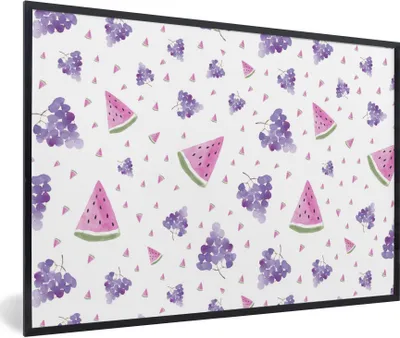 Produktbild von MuchoWow® Gerahmtes Poster Weintrauben - Wassermelone - Pastell 90x60 cm - Poster mit Schwarzem Bilderrahmen Wandposter Rahmen Foto Bilder - Fotorahmen - Foto-Plakat
