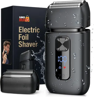 Immagine prodotto di Rasoio elettrico Linomag® con due lame mobili, rifinitore pieghevole, funzione di ricarica USB-C, autonomia della batteria di 120 minuti, resistente all'acqua, nero