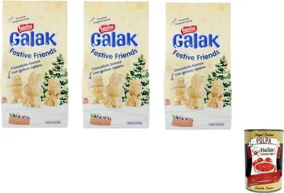 Produktbild von 3x NESTLÉ GALAK Festive Friends weiße Schokoladen- und Müslifiguren, Beutel 147 g+Italian gourmet polpa 400g