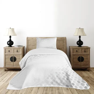 Produktbild von ABAKUHAUS Grau Tagesdecke Set, Abstrakte Lichtstrahl-Form mit geometrischer sechs cornered Mosaik-Art-futuristischen Artsy Illustration, 170 x 220 cm, Weiß