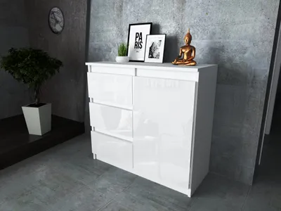 Zdjęcie produktu dla AZ team ® Komoda z Szufladami BIAŁY POŁYSK Pojemna Szafka 80 cm Meble do Salonu i Sypialni 1 drzwi 3 szuflady