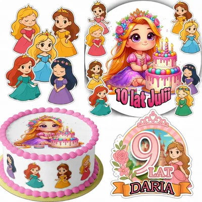 Produktbild von Zestaw Opłatek Na Tort 20Cm + 16 Postaci - Księżniczka + Imię 15Cm 18Cm
