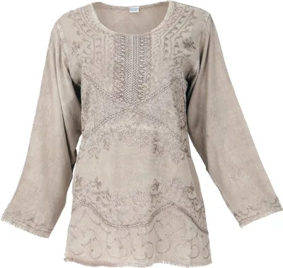 Productafbeelding van Geborduurde Indiase hippie tuniek met lange mouwen, boho-chic blouse - beige, dames, crèmekleurig, viscose, blouses en tunieken