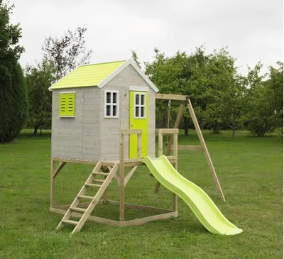 Obrázek produktu pro Wendi Toys Dřevěný domeček na chůdách slon se skluzavkou a houpačkou v přírodě 330x350x242 cm