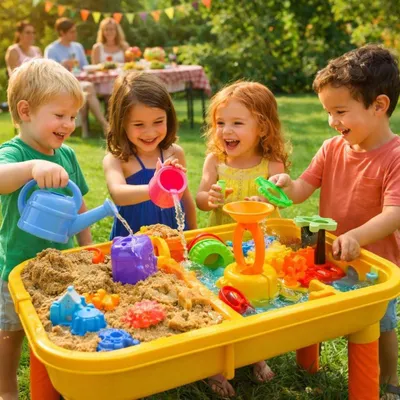 Produktbild von Sand und Wasser Spieltisch 67 x 42 x 39 cm Sandkastentisch Kinder Sandspielzeug Wassertisch mit Strandspielzeug Ab 3 Jahren Gelb