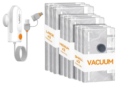 Productafbeelding van Vacuümzakken met pomp, 9-delig, grijs, geschikt voor kleding. Inclusief pomp met USB- en Type-C-aansluiting. Geschikt voor handbagage