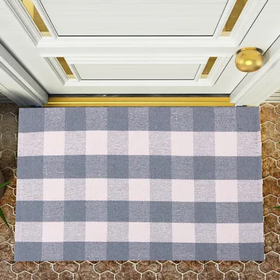 Baumwollteppich handgewebt waschbar Karomuster 109 x 60 cm weiß