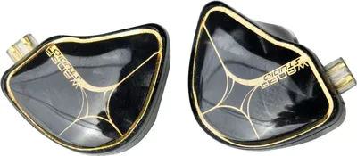 A pair of black and gold in-ear monitor headphones are shown against a white background.