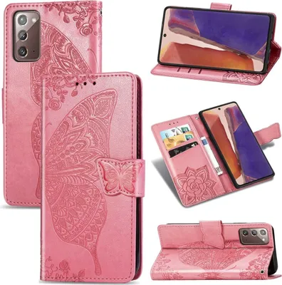A collage of images showing a pink butterfly-embossed leather phone case for a Samsung Galaxy Note 20, displayed in various configurations.