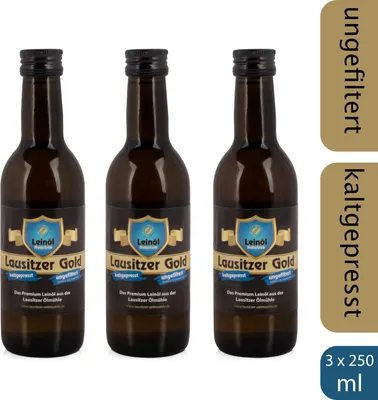Produktbild von 3 x Lausitzer Leinöl - Lausitzer Gold (kaltgepresstes ungefiltertes Premium Leinöl), 3x 250ml