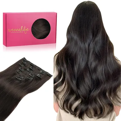 Image de Extensions à clipser, cheveux naturels, 35 cm, 120g, 7 pièces, brun foncé, qualité Remy
