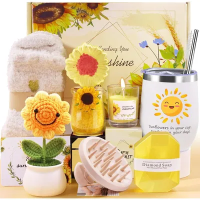 Immagine prodotto di Set regalo per donne, composto da 10 articoli: tazza termica, candela profumata, sali da bagno, decorazione a forma di girasole
