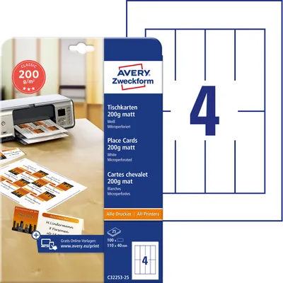 Produktbild von Avery Zweckform C32253-25, Tischkarten, 110 x 40 mm, beidseitig beschichtet, 100 Karten / 25 Bögen