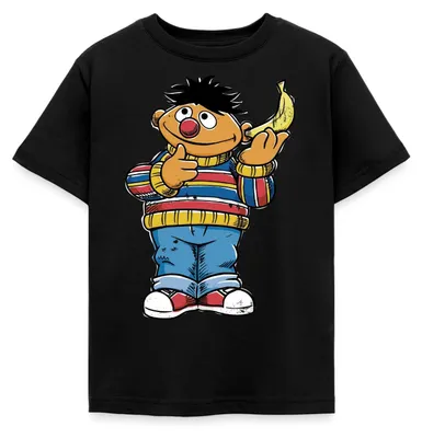 Produktbild von Spreadshirt Sesamstraße Ernie am Bananentelefon Kinder T-Shirt, 98/104 (3-4 Jahre), Schwarz