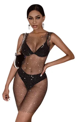 Zdjęcie produktu dla ANKOMINA Damska, seksowna, przezroczysta sukienka z siateczki, ozdobiona kryształkami, idealna jako okrycie do stroju kąpielowego (bikini)