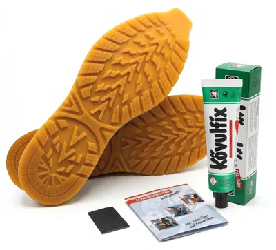 Produktbild von Schuhsohlen Reparaturset mit Gummisohle zum Zuschneiden – inkl. Kövulfix 120g Schuhsohlenkleber und Schleifpapier – DIY Sneaker Reparatur