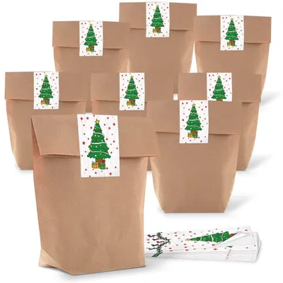 Produktbild von 50 kleine Papiertüten braun natur 16,5 x 26 x 6,6 cm + 50 Aufkleber weihnachtlich WUNDERBARE WEIHNACHTEN STERNE beige weiß Geschenk-Verpackung SET Kraftpapier Befüllen Papier-Tütchen BeutelBaum / 10 Stück
