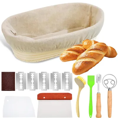 Produktbild von Juksun Brotbackset 13-teilig Gärkorb oval 25x15x8cm Rattan für Brot mit Leinentuch
