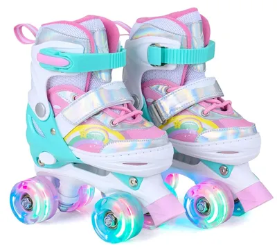 Produktbild von KOMFOTTEU Rollschuhe, Quad Skates mit 4 verstellbarer Größen & 2 leuchtende LED Räder, Kinderrollschuhe mit Regenbogenmuster für Mädchen, Jungen & Anfänger, Roller Skates für Innen- & Außenbereich