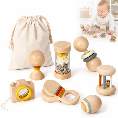 Produktbild von Baby Rassel Set aus Holz,7-teiliges Montessori Spielzeug,Greiflinge& Lernspielzeug für Babys,Motorikspielzeug zur Förderung der Hand-Auge-Koordination