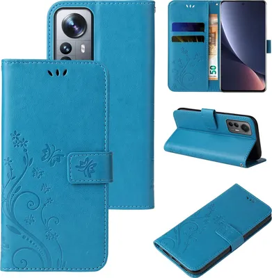 Produktbild von Handyhülle für Xiaomi 12 Pro Floral Blumen Schmetterling Flip Cover Hülle Case Klapphülle Handytasche Farbe: Blau