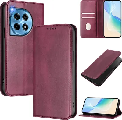 Obrázek produktu pro Pouzdro pro OnePlus 12, vintage kožené pouzdro s RFID ochranou, přihrádkami na karty, stojánkem Červený