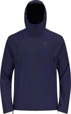 Dunkelblaue Odlo X-Alp Pro 2.5L Jacke mit Kapuze und zwei vertikalen Reißverschlusstaschen auf der Brust