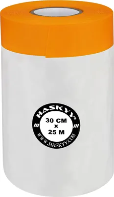 A roll of masking film with orange tape on top, placed on a white background.