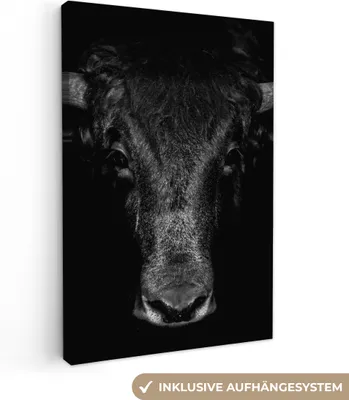 Obrázok produktu pre MuchoWow® - Plátno - Býk - Zvieratá - Čierna - Biela, nástenný obraz, nástenné dekorácie obrazy obývacia izba, 20x30cm