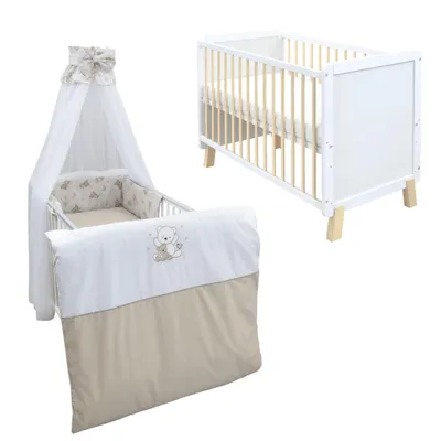 Produktbild von Babybett Kinderbett Gitterbett Lou 60x120 Weiß Natur Schutzgitter Matratze Bettwäsche Set 10tlg  Shiny Teddy