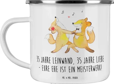 Produktbild von Mr. & Mrs. Panda Pott 35. Hochzeitstag Leinwandhochzeit - Weiß - Geschenk, Hochzeitsjubiläum, Emaille Tasse, Teetasse, Ehejubiläum, Heirat, Becher, Liebe, Outdoor, Feiern