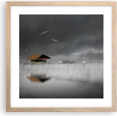 Produktbild von Gerahmtes Poster - Rahmen in heller Eiche - Hütte Nebel Sumpf - 40x40 cm - Wand Bild - Wanddeko - Wandbilder - Kunstposter - Wandposter - Bilderrahmen - Bilder - Kunstdruck - P2NAC40x40-4896