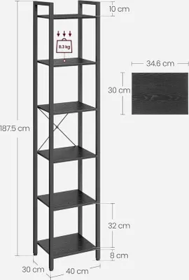 Obrázok produktu pre Knižnica – stojan na knihy – knižnica s 6 policami – čierna – 30 x 40 x 187,5 cm
