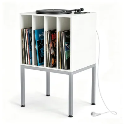 Produktbild von KOMFOTTEU Plattenspielerständer mit Ladestation, Schallplattenregal mit 4 Trennwänden, Vinylplatten Plattenspielertisch mit Kippschutz & Metallbeinen, Plattenregal für Schlafzimmer, Wohnzimmer