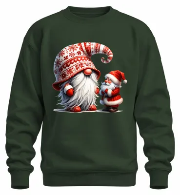 Zdjęcie produktu dla Świąteczny sweter z motywem Mikołaja, gnomka, choinki, świąteczny wzór, kolor butelkowej zieleni, rozmiar M