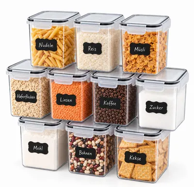 Imagen del producto de Relaxdays, juego de 10 recipientes herméticos, capacidad de 1,6 litros, tapa hermética, cierre a presión, etiquetas incluidas, recipientes para conservar alimentos, transparentes, Imagen generada por IA