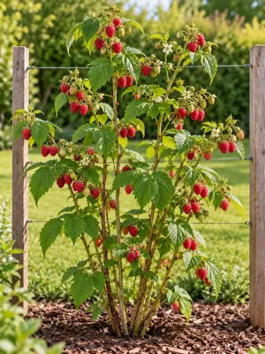 Productafbeelding van Himbeermunt 'Schönemann' 50–70 cm. *Rubus idaeus*. Zomerframboos. Aromatische bessencultuur, geschikt voor tuin, potten en een snoepgaard, AI-gegenereerde afbeelding