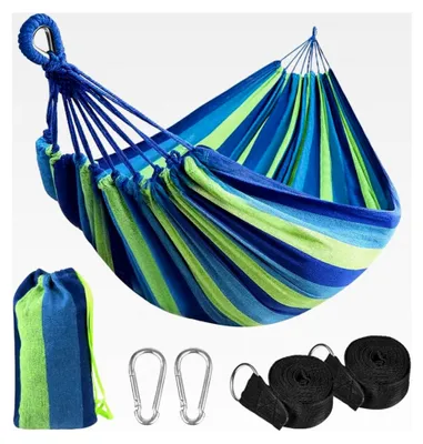 Produktbild von Hängematte, Camping Hängematte Segeltuch 300KG Tragkraft, 270x140CM Outdoor Atmungsaktive Ultraleichte Hängematte für Hof, Camping, Reisen, Strand (inkl. 2 Karabiner, 2 Gurte) - Blau