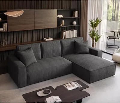Produktbild von Ecksofa Parys L-form Polsterecke mit Cord-Bezug mit Schlaffunktion und Bettkasten 290 cm Sofa l-förmig, Farbe: Dunkelgrau, Poso 34