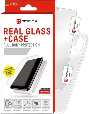 Product packaging for a screen protector and case set for a smartphone.