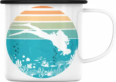 Produktbild von Trendation - Taucher Grafik Emaille Tasse Geschenk für Tauchlehrer Geschenkidee Lustig Tauchen Tauchsport Wasser (Schwarz)