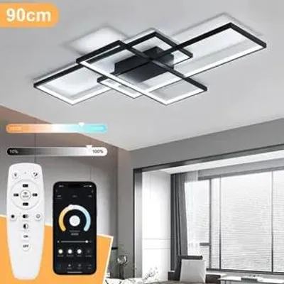 Produktbild von Smart LED Deckenleuchte Schwarz 90x60 cm, moderne geometrische Deckenlampe, 3000–6500K, stufenlos dimmbar, Fernbedienung & APP, für Wohnzimmer.