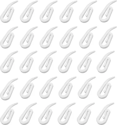 Obrázek produktu pro balení 50 plastových háčků na záclony - bílé, velikost 28 x 12 mm, háčky na tyč do sprchy/okna/dveře